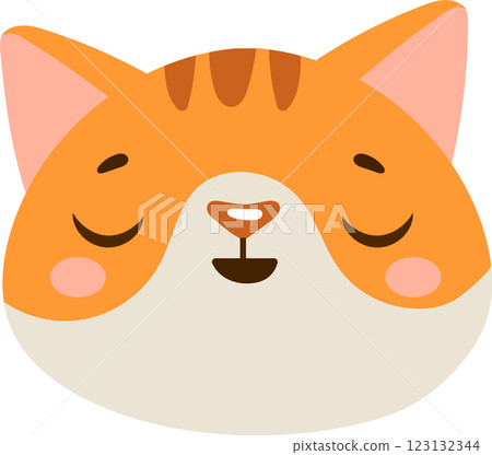 Cute cartoon illustration of an orange cat face with closed eyes and a content expression. The simple design features soft colors and rounded shapes, perfect for children s materials 123132344