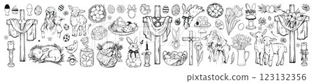 Easter doodle holiday set, table food, vector traditional hand drawn line egg, crucifix, baby lamb.  123132356