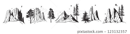 Mountain doodle set, vector hand drawn rock line illustration, nature forest camping high peak print 123132357