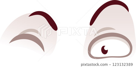 Stylized vector illustration of two cartoon eyes, one looking sideways and the other looking down, expressing suspicion, distrust, and skepticism, isolated on a white background 123132389