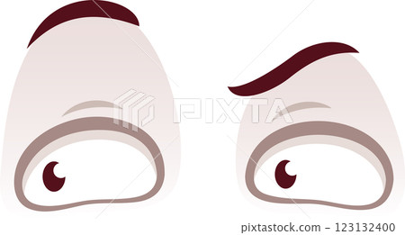 Cartoon eyes expressing confusion and suspicion, featuring one eye with a raised eyebrow, capturing emotions of doubt, uncertainty, and skepticism in a playful manner 123132400