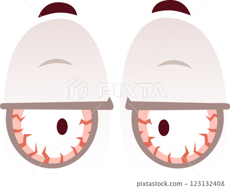 Cartoon bloodshot eyes with visible veins, expressing tiredness and exhaustion, possibly due to stress, lack of sleep, or illness, conveying a sense of fatigue and discomfort 123132408