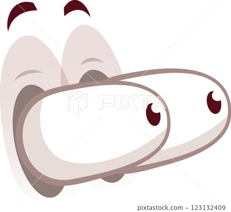 Two cartoon googly eyes with dark pupils and expressive eyebrows looking down and to the right against a clean white background, creating a playful and humorous vibe 123132409