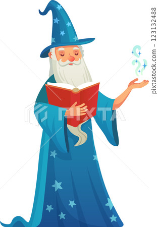 Old wizard with long white beard wearing blue magic robe and hat decorated with stars is reading spellbook and casting magic spell with his hand 123132488