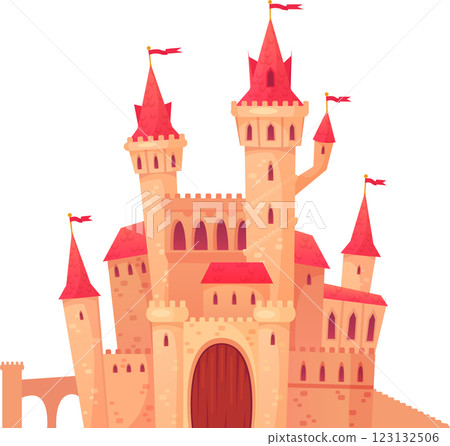 Cartoon illustration of a majestic fairytale castle with red roof, towers, flags, and a wooden gate, isolated on white background, perfect for children s books or fantasy projects Cartoon illustration of a majestic fairytale castle with red roof, towers, flags, and a wooden gate, isolated on white background, perfect for children s books or fantasy projects 123132506