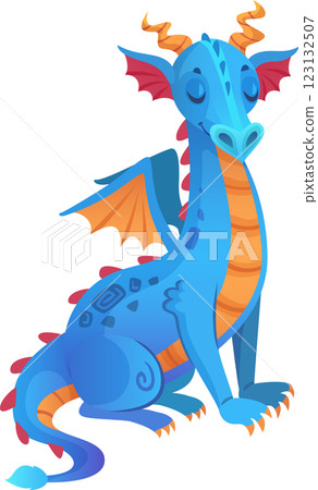 Cartoon blue dragon with vibrant orange horns, colorful wings, and playful stripes resting peacefully with closed eyes on a clean white background, exuding a calm and friendly vibe Cartoon blue dragon with vibrant orange horns, colorful wings, and playful stripes resting peacefully with closed eyes on a clean white background, exuding a calm and friendly vibe 123132507
