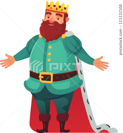 Cartoon illustration featuring a cheerful king, adorned with a golden crown, dressed in vibrant green attire and a striking red cape, standing with open arms in a welcoming gesture Cartoon illustration featuring a cheerful king, adorned with a golden crown, dressed in vibrant green attire and a striking red cape, standing with open arms in a welcoming gesture 123132508