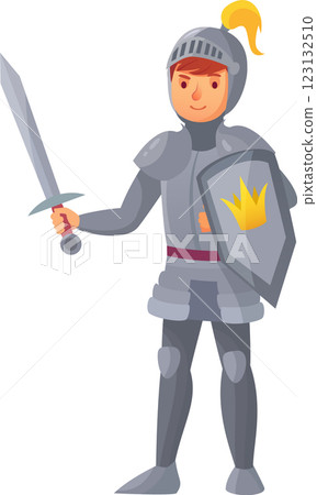 Cartoon illustration featuring a medieval knight clad in shining armor, confidently holding a sword and shield, adorned with a regal crown against a clean white background 123132510