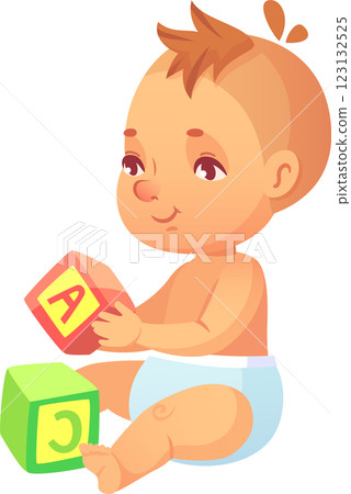 Cute baby wearing diaper sitting and playing with alphabet blocks, learning letters and developing fine motor skills, educational toys for infants Cute baby wearing diaper sitting and playing with alphabet blocks, learning letters and developing fine motor skills, educational toys for infants 123132525