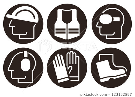 Safety signs - must be worn symbols, wear hearing protection, wear helmet, wear safety shoes, wear gloves, wear protective vest and wear safety glasses. Mandatory safety icons 123132897