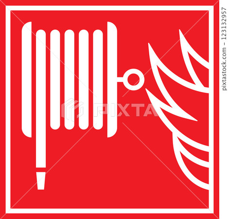 Fire hose reel sign, Safety warning icon, Fire equipment, Fire action symbol 123132957