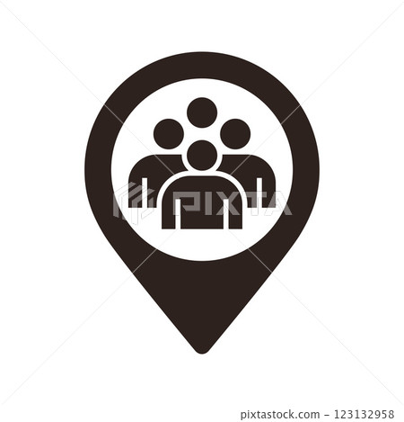 Meeting point location sign. Map pointer with group of people icon. Friends nearby symbol 123132958