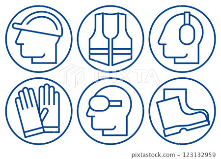 Safety signs - must be worn symbols, wear hearing protection, wear helmet, wear safety shoes, wear gloves, wear protective vest and wear safety glasses. Mandatory safety icons Safety signs - must be worn symbols, wear hearing protection, wear helmet, wear safety shoes, wear gloves, wear protective vest and wear safety glasses. Mandatory safety icons 123132959