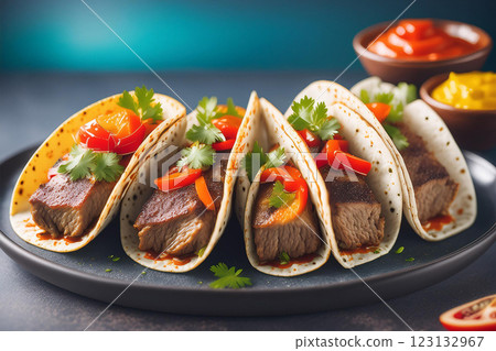 Flavorful Tacos Served on Black Plate 123132967