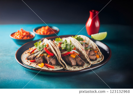 Flavorful Tacos Served on Black Plate 123132968
