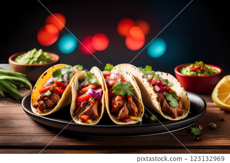 Flavorful Tacos Served on Black Plate 123132969