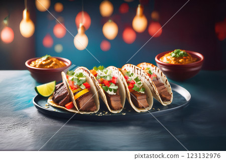 Flavorful Tacos Served on Black Plate 123132976