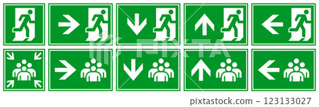 Evacuation plan sign set. Emergency exit and assembly point icons. Escape help evacuation icons. Evacuation plan sign set. Emergency exit and assembly point icons. Escape help evacuation icons. 123133027