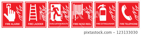 Fire action sign set. Safety warning fire department icons. Fire safety labels 123133030