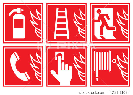 Fire action sign set. Safety warning fire department icons. Fire safety labels 123133031