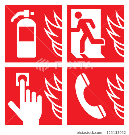 Fire action sign set. Fire alarm, Evacuation route, Fire extinguisher and Fire telephone. Safety warning fire department icons 123133032