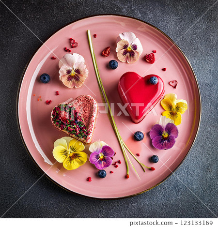 Exquisite Heart Shaped Desserts on Pink Plate Exquisite Heart Shaped Desserts on Pink Plate 123133169