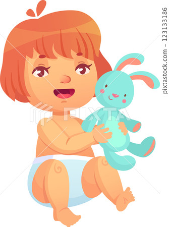 Happy baby sitting and hugging soft toy rabbit, wearing diaper, isolated on white background, childcare and parenthood, happy childhood concept 123133186