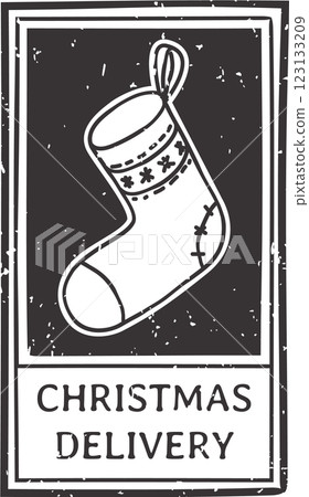 Christmas delivery stamp showing white christmas stocking with snowflakes decorations on black background, ideal for christmas delivery service 123133209