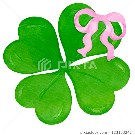 Green 4 Leaf Clover with Ribbon Bow Watercolor vibrant Green 4 Leaf Clover with Ribbon Bow Watercolor vibrant 123133242
