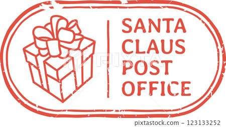 Oval shaped red grunge rubber stamp with Santa Claus post office writing and christmas gift box drawing with ribbon, isolated on white background Oval shaped red grunge rubber stamp with Santa Claus post office writing and christmas gift box drawing with ribbon, isolated on white background 123133252