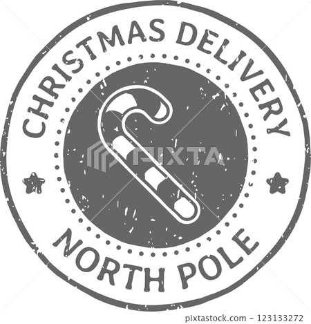 Round gray Christmas delivery stamp from North Pole featuring a candy cane at the center, surrounded by stars and dotted decorations, isolated against a clean white background Round gray Christmas delivery stamp from North Pole featuring a candy cane at the center, surrounded by stars and dotted decorations, isolated against a clean white background 123133272