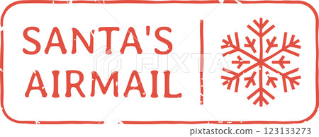 Rectangular red rubber stamp featuring Santa s Airmail text alongside a snowflake icon, isolated against a clean white background, evoking festive holiday cheer and nostalgia Rectangular red rubber stamp featuring Santa s Airmail text alongside a snowflake icon, isolated against a clean white background, evoking festive holiday cheer and nostalgia 123133273