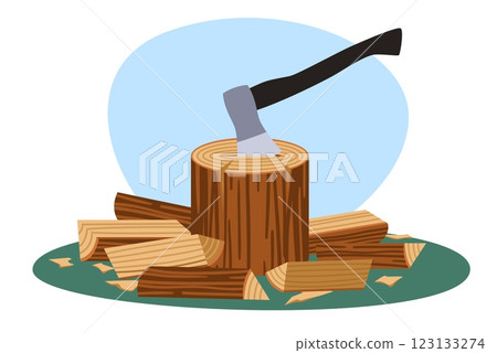 Axe with chopped wood. Carpentry tool and wooden trunk, wooden planks and logs. Nature forest construction. Woodcutter equipment. Lumberjack emblem. Cartoon flat isolated vector concept Axe with chopped wood. Carpentry tool and wooden trunk, wooden planks and logs. Nature forest construction. Woodcutter equipment. Lumberjack emblem. Cartoon flat isolated vector concept 123133274