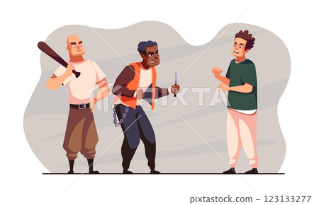 Bandits attacked man. Couple male criminals attack threaten scared victim boy in street. Violence and robbery. Theft or gangster characters. Cartoon flat isolated vector crime concept Bandits attacked man. Couple male criminals attack threaten scared victim boy in street. Violence and robbery. Theft or gangster characters. Cartoon flat isolated vector crime concept 123133277