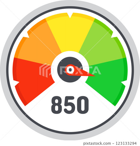Credit score indicator pointing at an impressive 850, reflecting an outstanding financial reputation and signaling low risk for borrowers seeking loans or mortgages 123133294