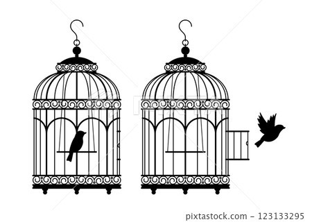 Bird in cage and canary flying out cage. Black silhouettes. Antique, classic house for parrot. Retro birdcage escape and freedom symbol. Decorative element. Vector isolated concept Bird in cage and canary flying out cage. Black silhouettes. Antique, classic house for parrot. Retro birdcage escape and freedom symbol. Decorative element. Vector isolated concept 123133295