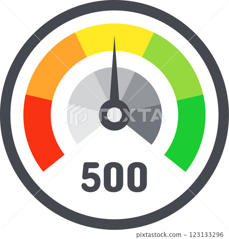 Colorful speedometer with gray needle pointing average score of five hundred, segmented in different colors from red to green, representing performance measurement and efficiency Colorful speedometer with gray needle pointing average score of five hundred, segmented in different colors from red to green, representing performance measurement and efficiency 123133296