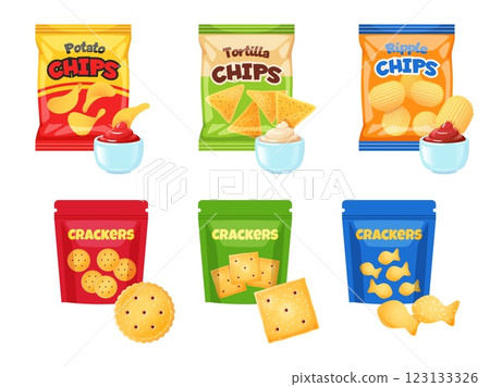 Cartoon snack packs. Bags of chips and crackers, dry appetizers for beer, potato, embossed, nachos, different types of sauces assortment, colorful packaging, unhealthy meal vector isolated set 123133326