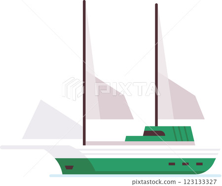 Green and white sailboat sailing the ocean with sails unfurled, enjoying a peaceful journey on the water, perfect for travel and leisure concepts 123133327
