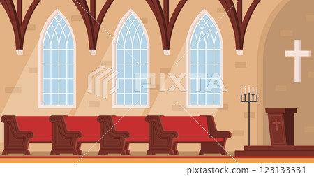 Catholic church interior. Glass windows, wooden benches, cross on wall. Indoors cathedral or temple. Traditional gothic building. Cartoon flat style isolated architecture vector concept 123133331