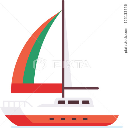 Sailboat sailing on water, featuring a colorful sail with orange and green sections, a white body, and a red hull, perfect for representing leisure, travel, and sea adventures Sailboat sailing on water, featuring a colorful sail with orange and green sections, a white body, and a red hull, perfect for representing leisure, travel, and sea adventures 123133336