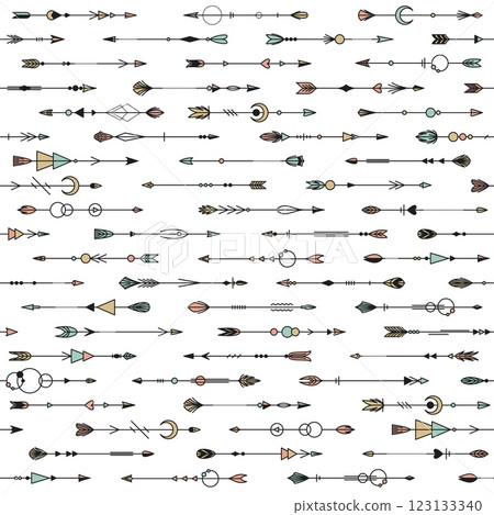Decorative arrows seamless pattern. Repeated tribal native american elements, different plumage, ethnic ornaments. Decor textile, wrapping, wallpaper. Print for fabric, tidy vector background 123133340