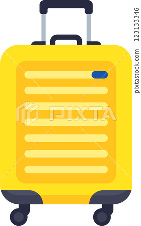Yellow rolling suitcase with blue label, symbolizing vacation, travel, journey, adventure, tourism, and the excitement of exploring new destinations 123133346