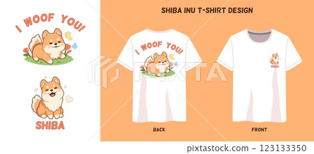 Funny dog t shirt print. Fluffy shiba inu pet character, happy animal mascot, clothes design, cartoon kawaii akita puppy, comic isolated illustration on realistic mockup, tidy vector concept 123133350