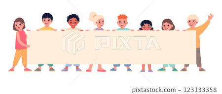 Funny little children holding big blank poster. Happy boys and girls with long paper sheet, cute kids with empty board, showing placard or billboard, vector cartoon flat isolated concept Funny little children holding big blank poster. Happy boys and girls with long paper sheet, cute kids with empty board, showing placard or billboard, vector cartoon flat isolated concept 123133358
