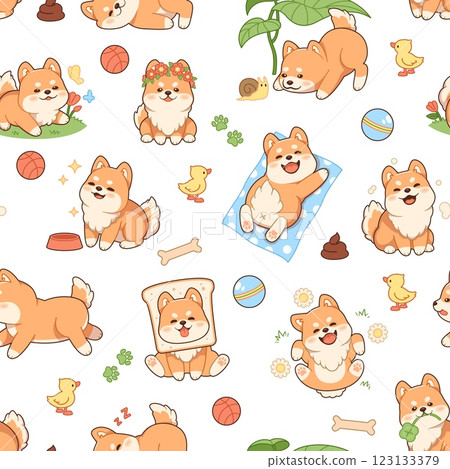 Kawaii shiba inu seamless pattern. Funny puppies, little dogs, cute pets, japaneses breed, repeated kids mascot. Decor textile, wrapping, wallpaper. Print for fabric, tidy vector background 123133379