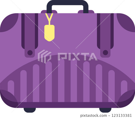 Purple travel suitcase with a yellow tag and black handle resting on a white background, symbolizing tourism, vacation adventures, and business trips for modern travelers 123133381