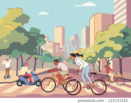 People on electric transport in city. Modern happy couple crossing pedestrian crossing on bicycles, and scooter eco friendly lifestyle, cartoon flat isolated illustration, vector vehicle concept 123133382