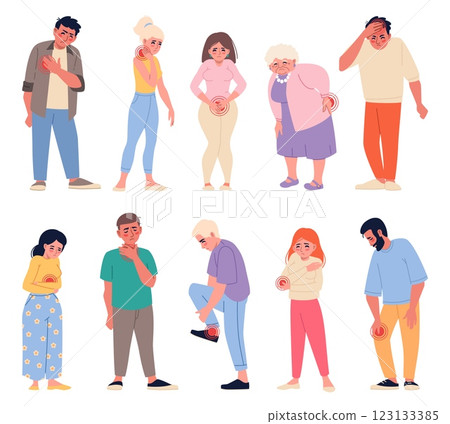 Sad people suffering pain. Different kind of pain, unhappy men and women, painful body points, joints, head, heart, red tags, painkiller advertising, cartoon flat isolated vector set 123133385