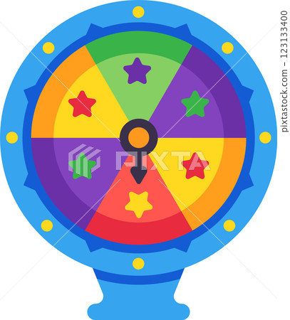 Spinning wheel of fortune displaying vibrant star prizes against a colorful backdrop, capturing themes of luck, gambling, and the excitement of chance in games and lotteries 123133400
